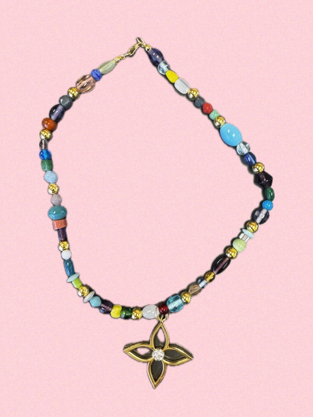 Multi-Color Beaded Necklace with Gold Floral Pendant